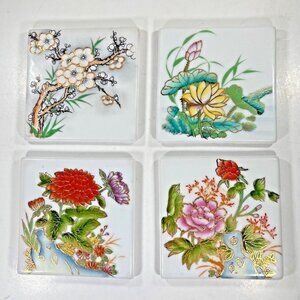 Yi Lin Arts & Treasures Ceramic Tile Coasters Set Flowers Of Season Hand Painted